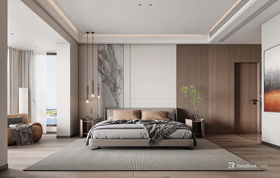 Modern Bedroom Interior With Marble Wooden Accent Wall Pendant Lights And Area Rug 3d model 