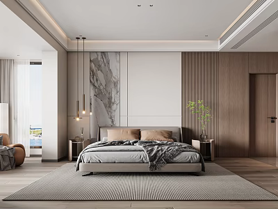 Modern Bedroom Interior With Marble Wooden Accent Wall Pendant Lights And Area Rug 3d model