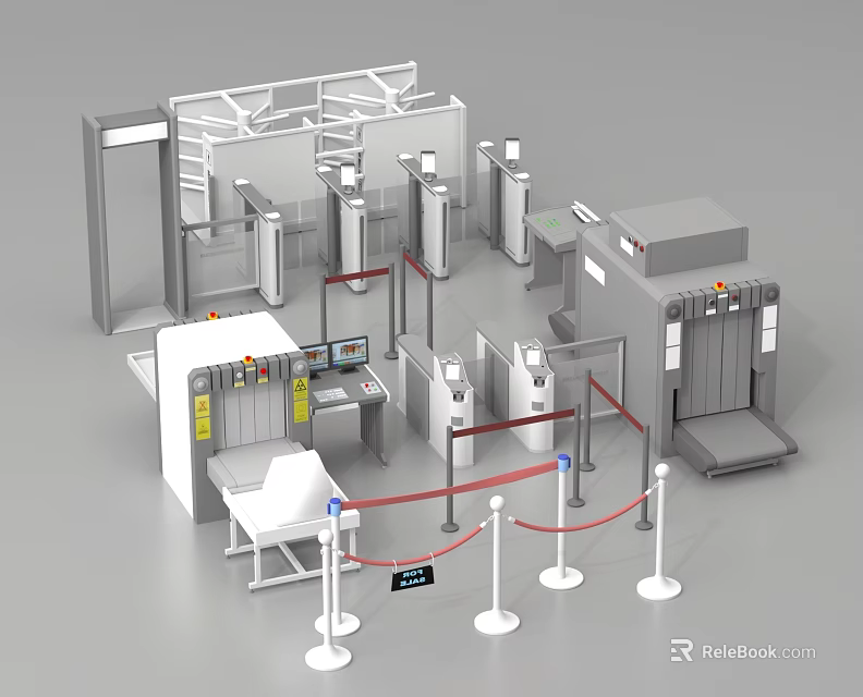 Public Facility Security Checkpoint With Metal Detectors Scanners And Staff Desk 3d model 