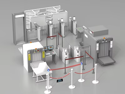 Public Facility Security Checkpoint With Metal Detectors Scanners And Staff Desk 3d model