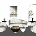White Curved Sofa And Coffee Table Set With Accent Chairs Green Plants Arched Mirror