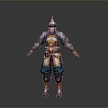 Man wearing traditional colorful armor with decorative elements in standing pose 3d model