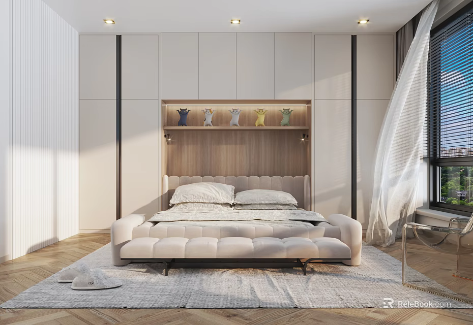 Modern Bedroom Interior With Beige Upholstered Bed Wooden Headboard Shelf Decor And Herringbone Rug 3d model 