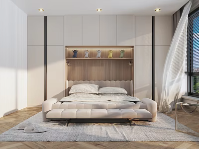Modern Bedroom Interior With Beige Upholstered Bed Wooden Headboard Shelf Decor And Herringbone Rug 3d model