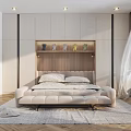 Modern Bedroom Interior With Beige Upholstered Bed Wooden Headboard Shelf Decor And Herringbone Rug
