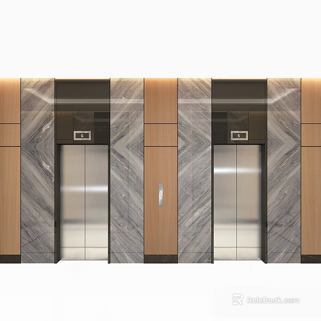 Modern Elevator Design With Marble And Wooden Decorative Panels Mirrored Doors Sleek Surface 3d model 
