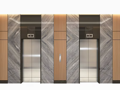 Modern Elevator Design With Marble And Wooden Decorative Panels Mirrored Doors Sleek Surface 3d model
