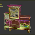 Traditional Chinese Red Bookcase With Intricate Carvings And Decorative Paintings
