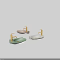 Three Modern Washbasins with Light Green Pink White Colors and Golden Faucets