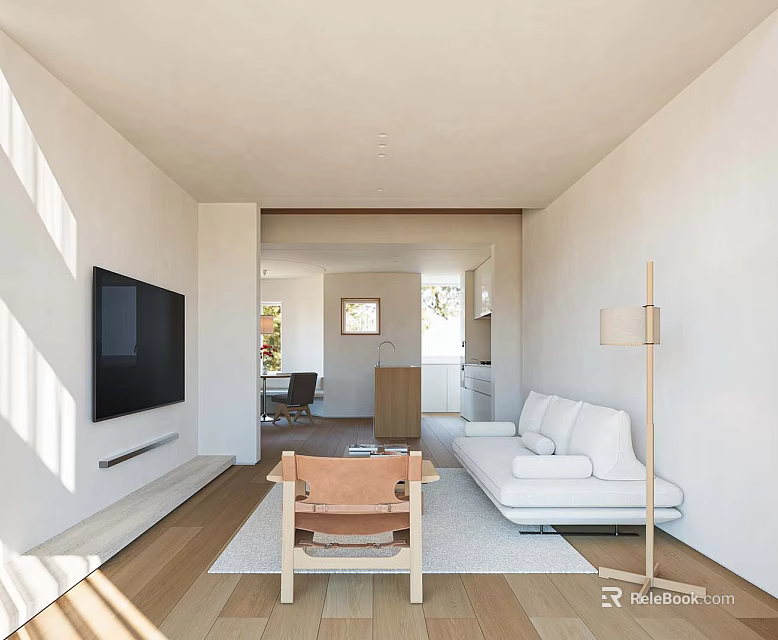 Bright Minimalist Open Plan Living And Dining Room With Cozy Furniture And Warm Natural Light 3d model 