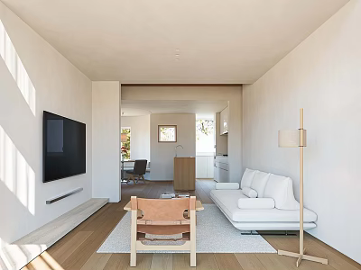 Bright Minimalist Open Plan Living And Dining Room With Cozy Furniture And Warm Natural Light 3d model
