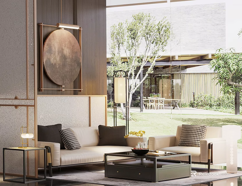 Modern Sales Office Interior With Comfortable Sofa Coffee Table Floor Lamp And Decorative Painting 3d model 