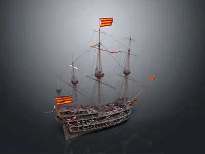 Detailed Historical Vintage Wooden Sailing Ship With Multiple Masts And Flags 3d model