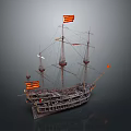 Detailed Historical Vintage Wooden Sailing Ship With Multiple Masts And Flags