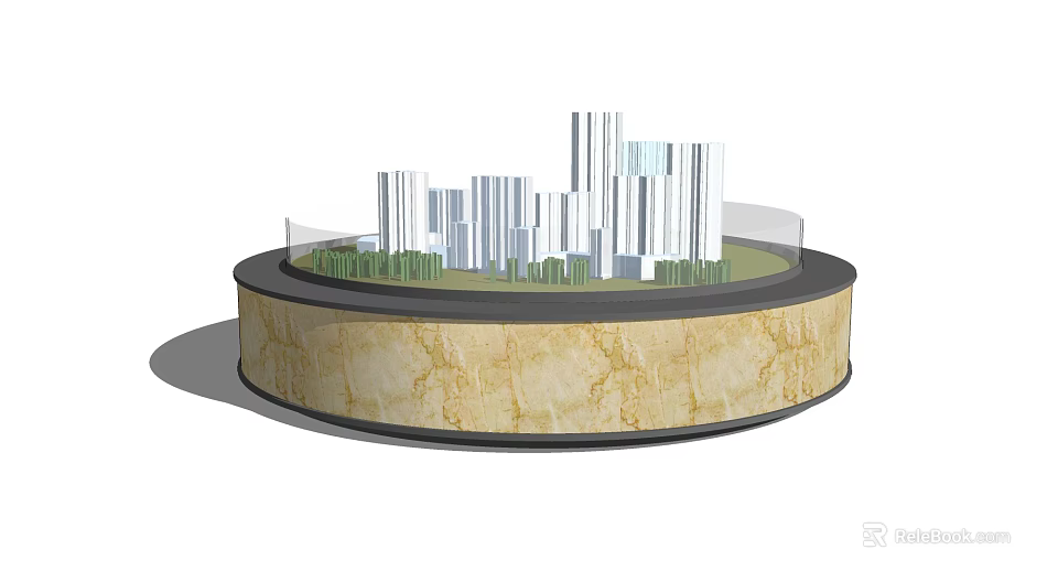 Commercial Circular Display Stand With Marble Countertop Featuring Building Models And Green Grass Elements 3d model