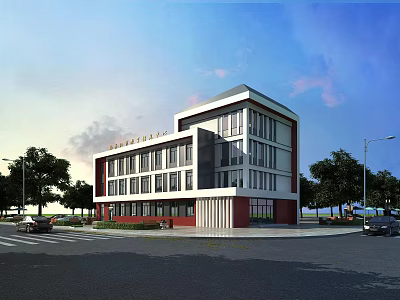 Modern Multi Storey Office Building With Glass Facade And Street Trees In Urban Area 3d model