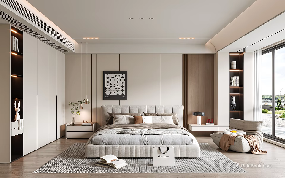 Modern Minimalist Bedroom Interior With Platform Bed And Area Rug Decor 3d model 