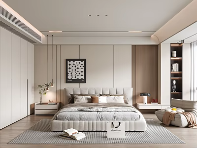 Modern Minimalist Bedroom Interior With Platform Bed And Area Rug Decor 3d model