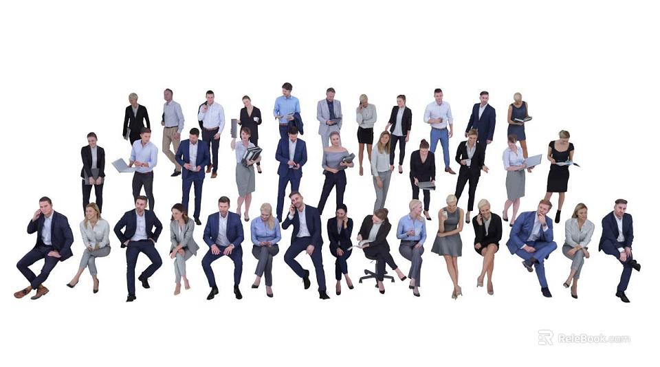 Group of Diverse Business Professionals in Formal Attire Standing and Sitting 3d model 