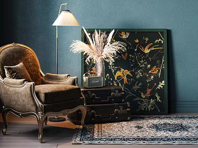 Vintage Elegant Brown Armchair With Gold Accents Floor Lamp Decorative Painting And Rug 3d model
