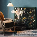 Vintage Elegant Brown Armchair With Gold Accents Floor Lamp Decorative Painting And Rug
