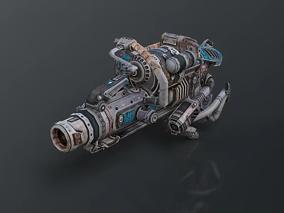 Mechanical Weapon With Complex Metal Structure Pipes And Blue Futuristic Design 3d model