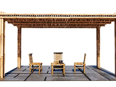 Relaxing Bamboo Pergola Outdoor Area With Wooden Chairs And Coffee Table 3d model