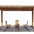 Relaxing Bamboo Pergola Outdoor Area With Wooden Chairs And Coffee Table