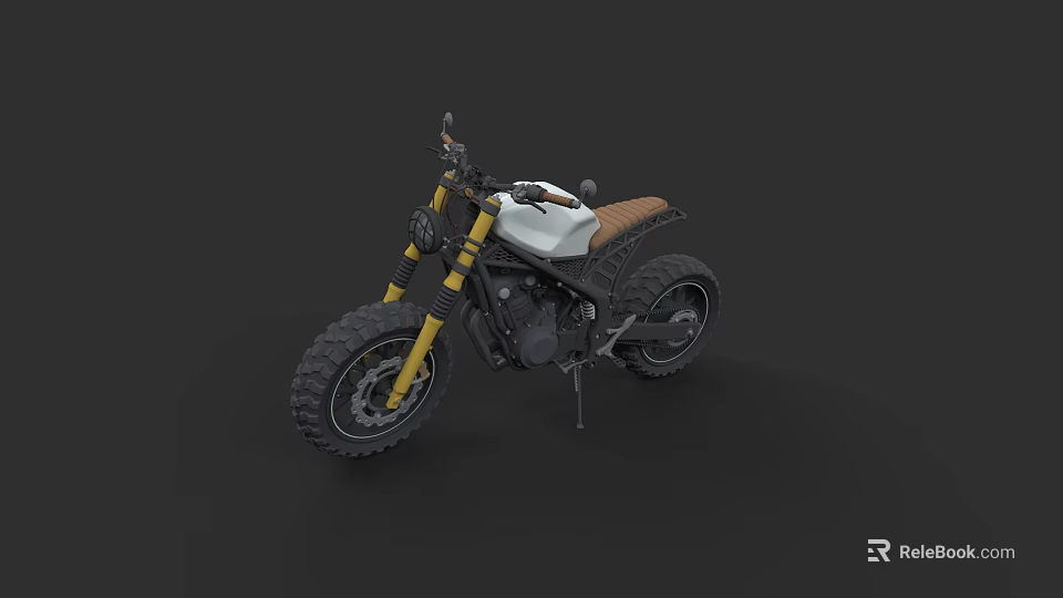White and Yellow Vintage Motorcycle with Brown Seat and Thick Off Road Tires 3d model 