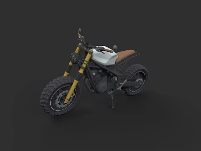 White and Yellow Vintage Motorcycle with Brown Seat and Thick Off Road Tires 3d model