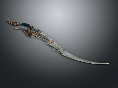 Ornate Traditional Weapon With Curved Blade Blue Hilt And Intricate Carvings 3d model