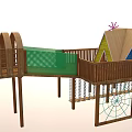 Wooden Playground Equipment With Arched Roof Elevated Platforms Ladder Netting And Green Area