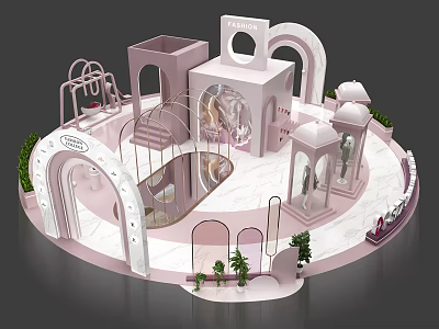 Pink And White Circular Display Stand With Arch Structures And Green Plants 3d model