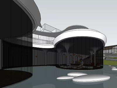 Modern Sales Office Architectural Design With Curved White Structure Glass Facade And Water Feature 3d model