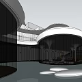 Modern Sales Office Architectural Design With Curved White Structure Glass Facade And Water Feature