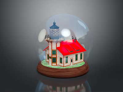 Decorative Snow Globe Featuring Lighthouse And Red Roof House On Wooden Base 3d model