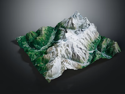 Realistic Mountainous Terrain Model Featuring Snow Covered Peaks And Lush Green Vegetation 3d model