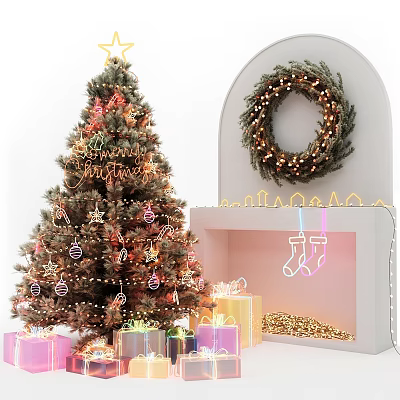 Christmas Themed Dressing Table With Decorated Tree Wreath And Gifts 3d model