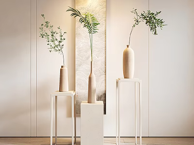 Modern Flower Vase With Green Foliage On White Stands Light Interior Background 3d model