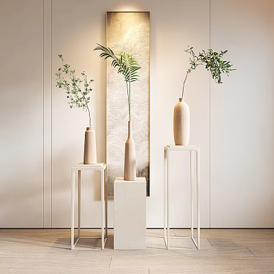 Modern Flower Vase With Green Foliage On White Stands Light Interior Background 3d model
