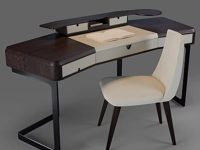 Modern Dark Wooden Desk With Beige Fabric Chair And Functional Storage Drawers 3d model