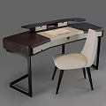 Modern Dark Wooden Desk With Beige Fabric Chair And Functional Storage Drawers