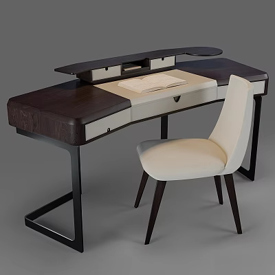 Modern Dark Wooden Desk With Beige Fabric Chair And Functional Storage Drawers 3d model