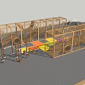 Wooden Playground Equipment With Colorful Floor Panels And Net Climbing Structures