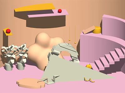 Abstract Geometric Home Decor With Soft Color Shapes Spheres Staircase And Plants 3d model