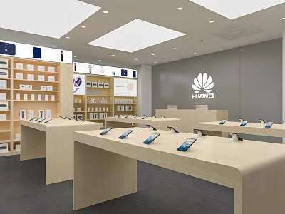 Modern HUAWEI Digital Store with Smartphones on Display Tables and Shelves for Electronic Devices 3d model