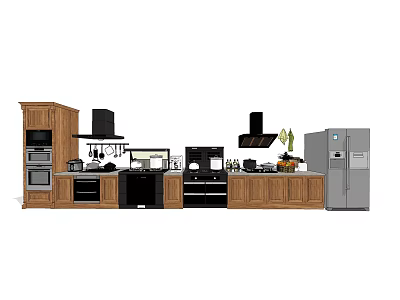 Modern Kitchen Interior With Wooden Cabinets Oven Range Hood And Refrigerator 3d model