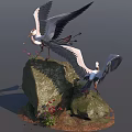Flying Animals Herons With Spread Wings Standing On Rock Under Blue Sky Near Red Flowers