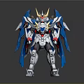 Detailed Blue White Mecha Robot Figure With Yellow Horn Red Eyes And Blue Wings