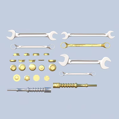 Silver And Gold Metal Tools Including Wrenches Nuts Bolts On Blue Background 3d model